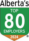 An icon of a green badge. It says "Alberta's top 80 employers 2024" 