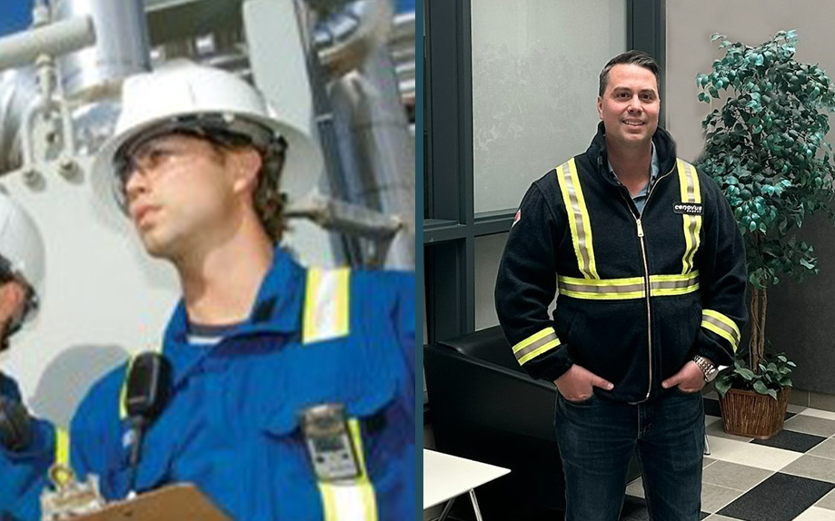 A two-photo split of the same man, approximately 20-years a part. The younger version of the man on the left is wearing full personal protective equipment, including a hard hat and safety goggles. He is looking into the distance. The older version of the man on the right is wearing a reflective coat, with his hands in his pockets.