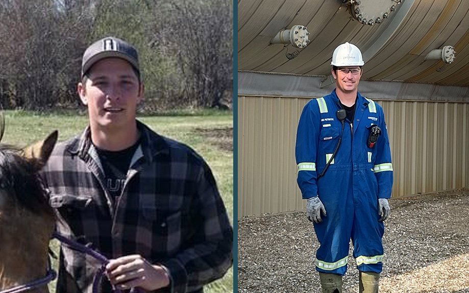 A two-photo split of a man at different ages. The left photo is the man in his younger years. He is wearing a baseball hat and a plaid shirt, smiling at the camera. The right photo is the man currently, he is wearing full personal protective equipment and smiling at the camera.