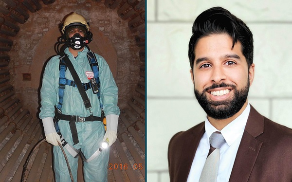 A two photo collage. The photo on the left he is wearing personal protective equipment. The photo on the right he is in a brown suit, with a light coloured tie.