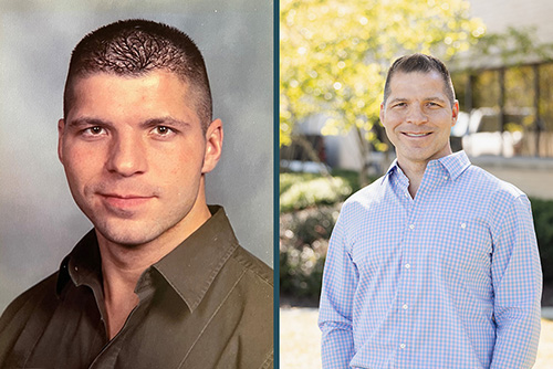 Two photos of the same man. On the left he is younger. It is a headshot. He is wearing a green button down. On the right, he is older. He is wearing a checkered shirt and standing in front of a tree and building.