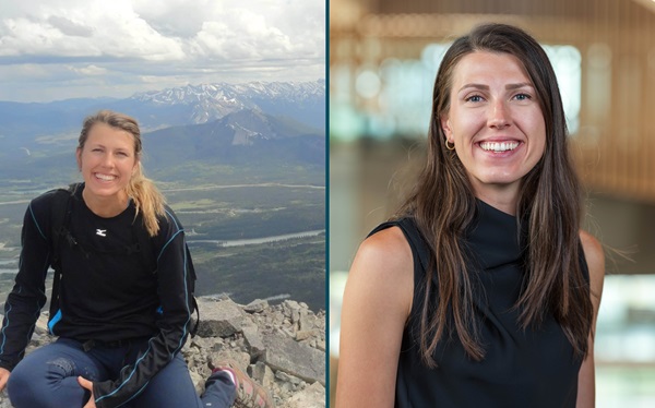 A two photo collage. The photo on the left is a woman on a mountain top with a vista in the background. The photo on the right is a professional headshot of the same woman. She is wearing a black, sleeveless turtleneck.